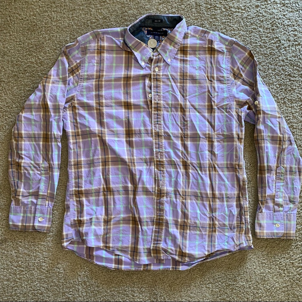 Men’s Tommy Hilfiger Slim Fit Button Up Plaid Shirt Brown/Purple/Green Size XL